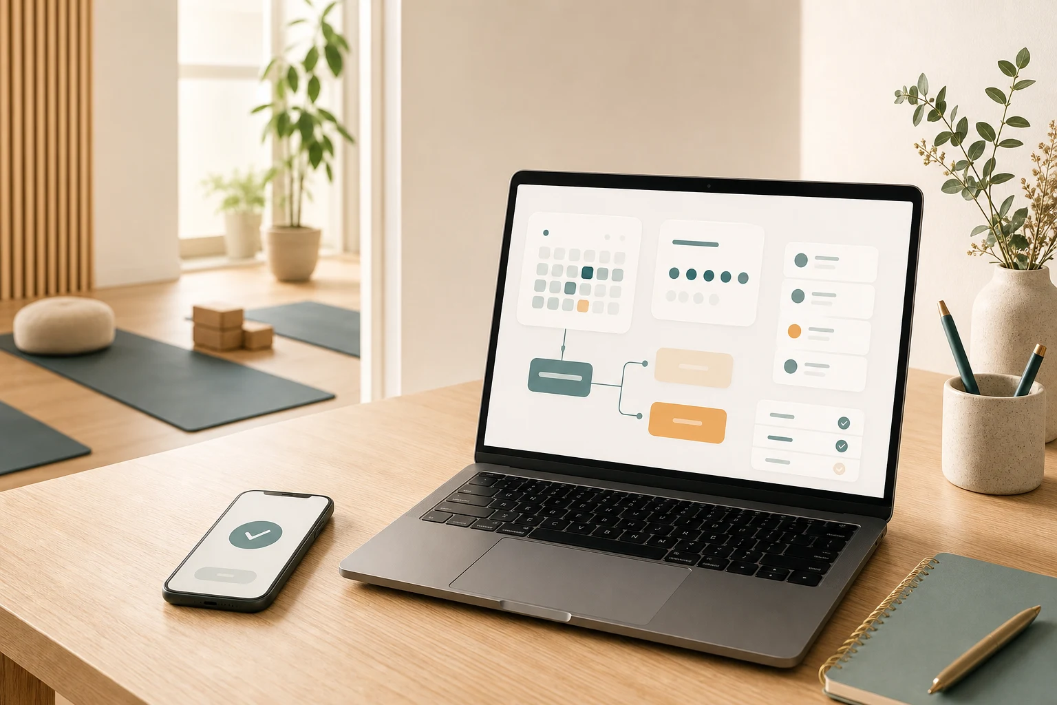 Abstrakter Karl Konnekt Hop-Setup-Flow mit Smartphone, Tablet, Einladungslink und Statuspunkten