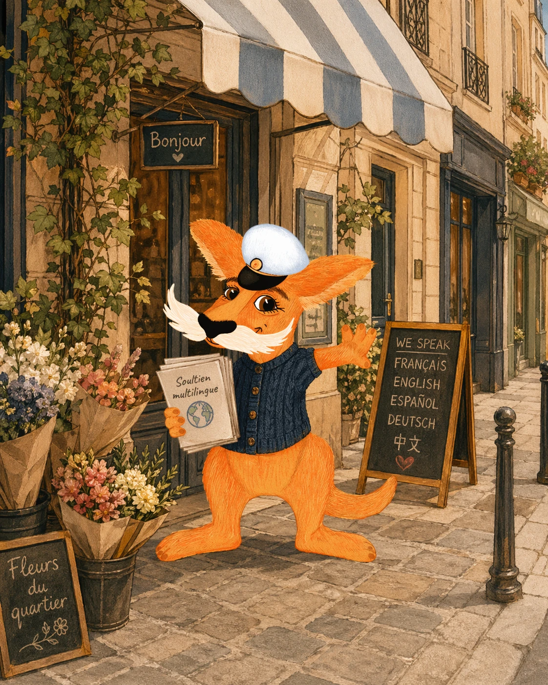 Karl in a Paris neighborhood market scene, representing friendly multilingual booking support.