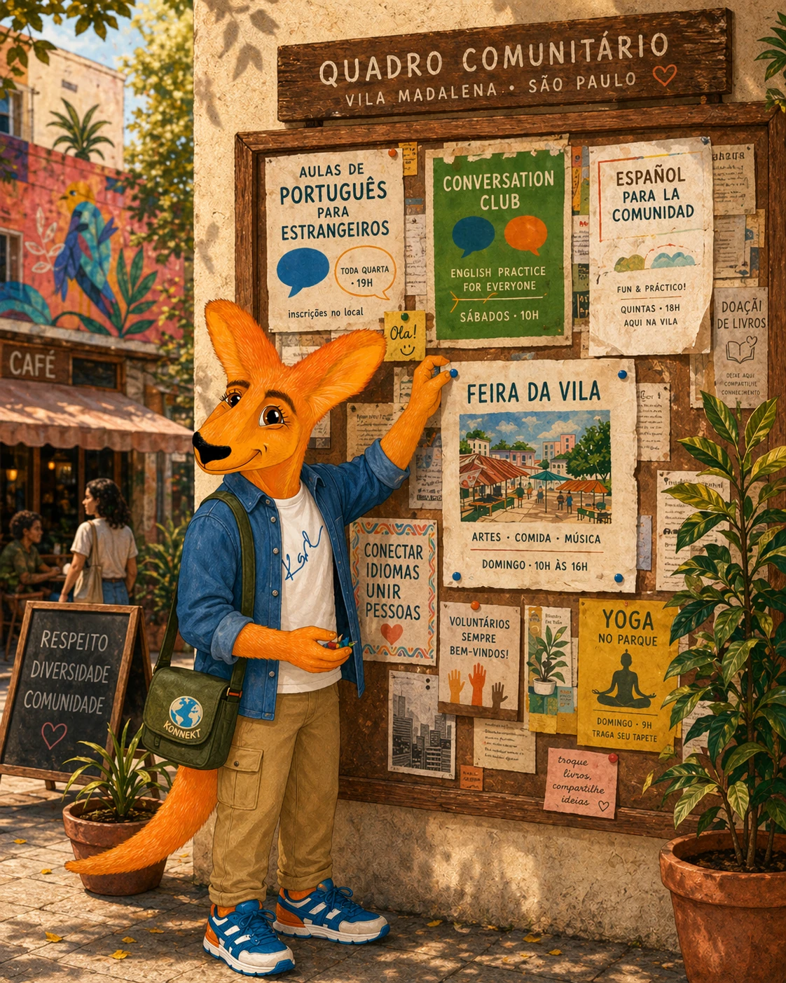 Karl beside a São Paulo community board, extending the multilingual postcard series.