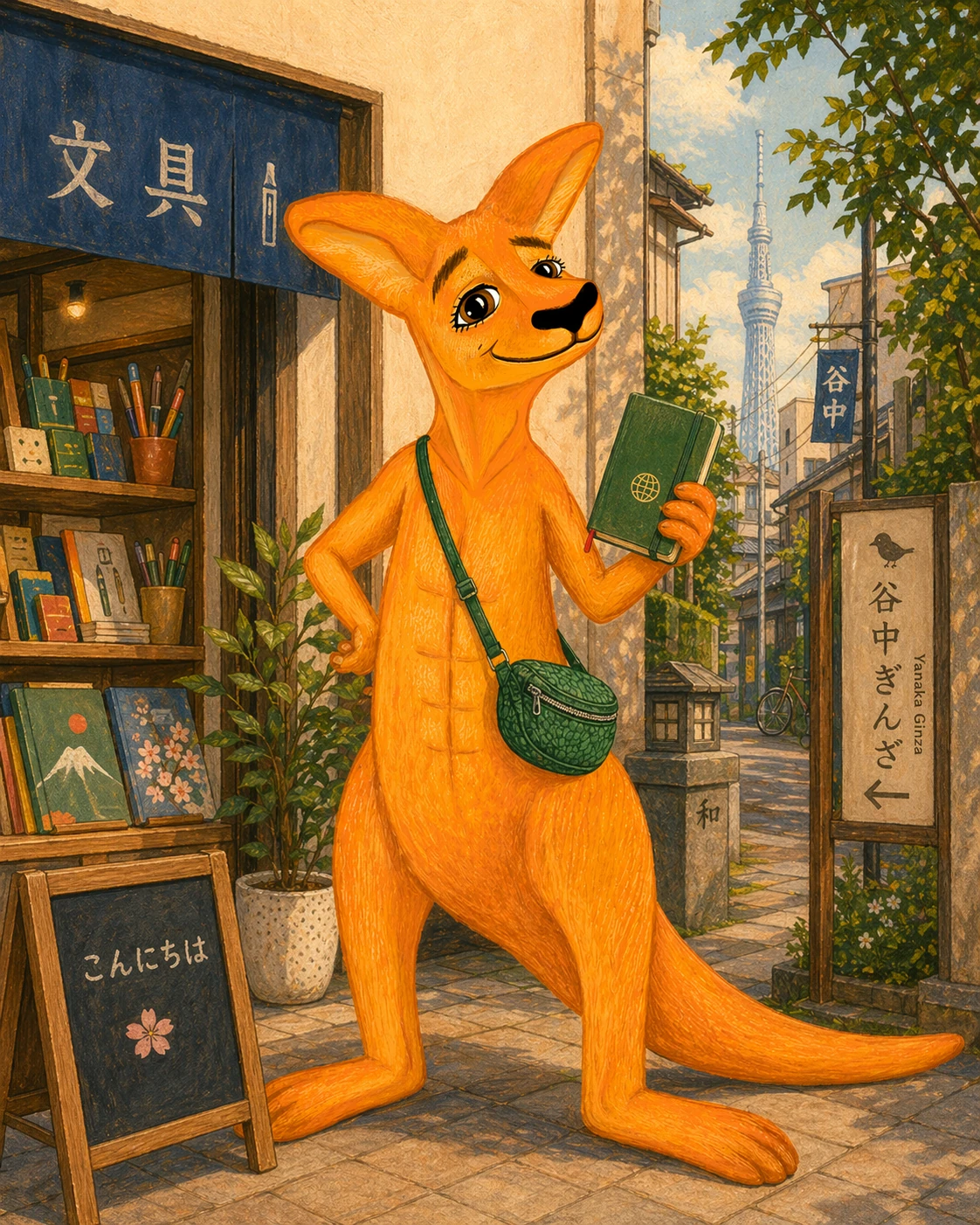 Karl in a calm Tokyo street scene, showing multilingual support across international neighborhoods.