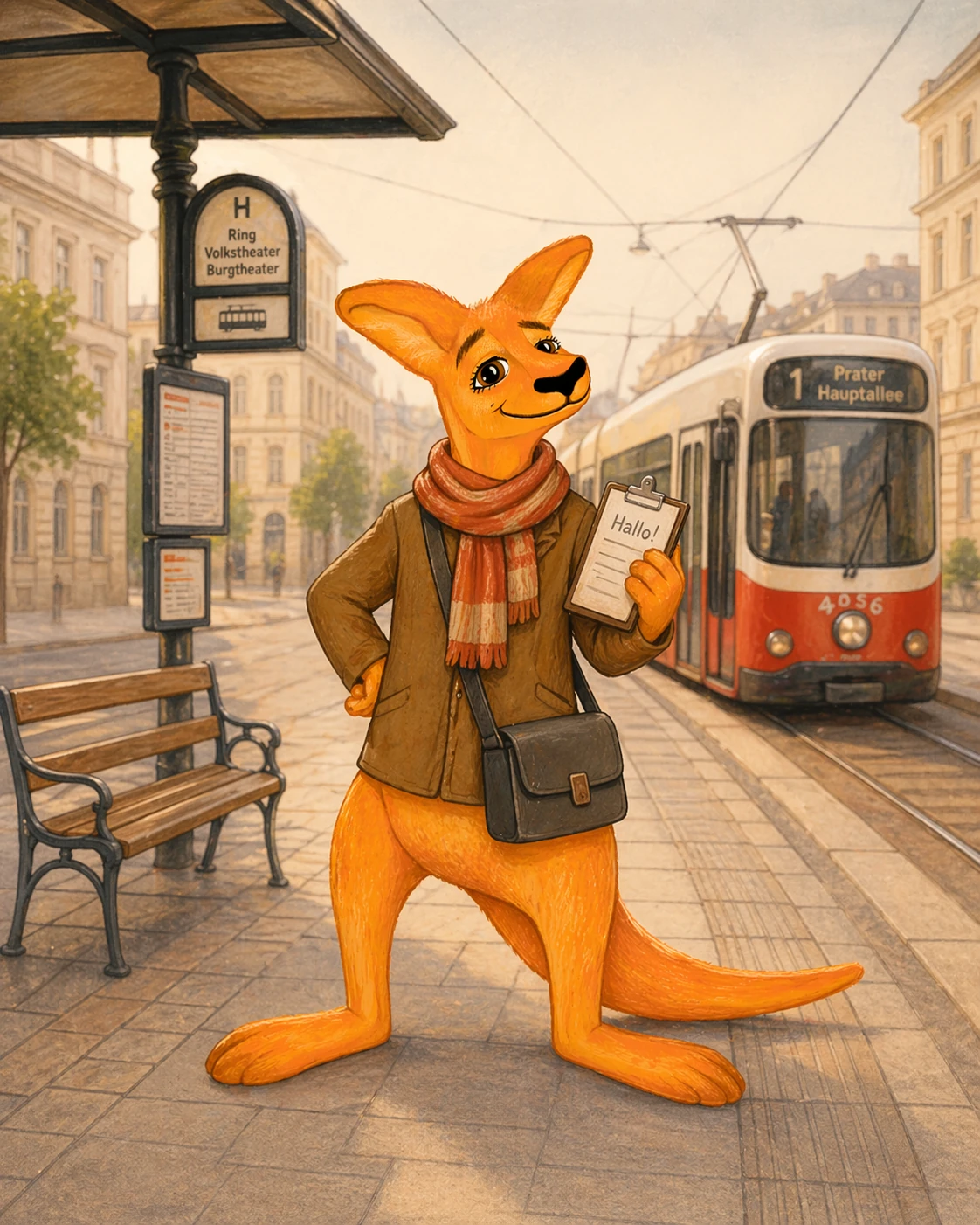 Karl at a Vienna tram stop, illustrating multilingual support for local communities.