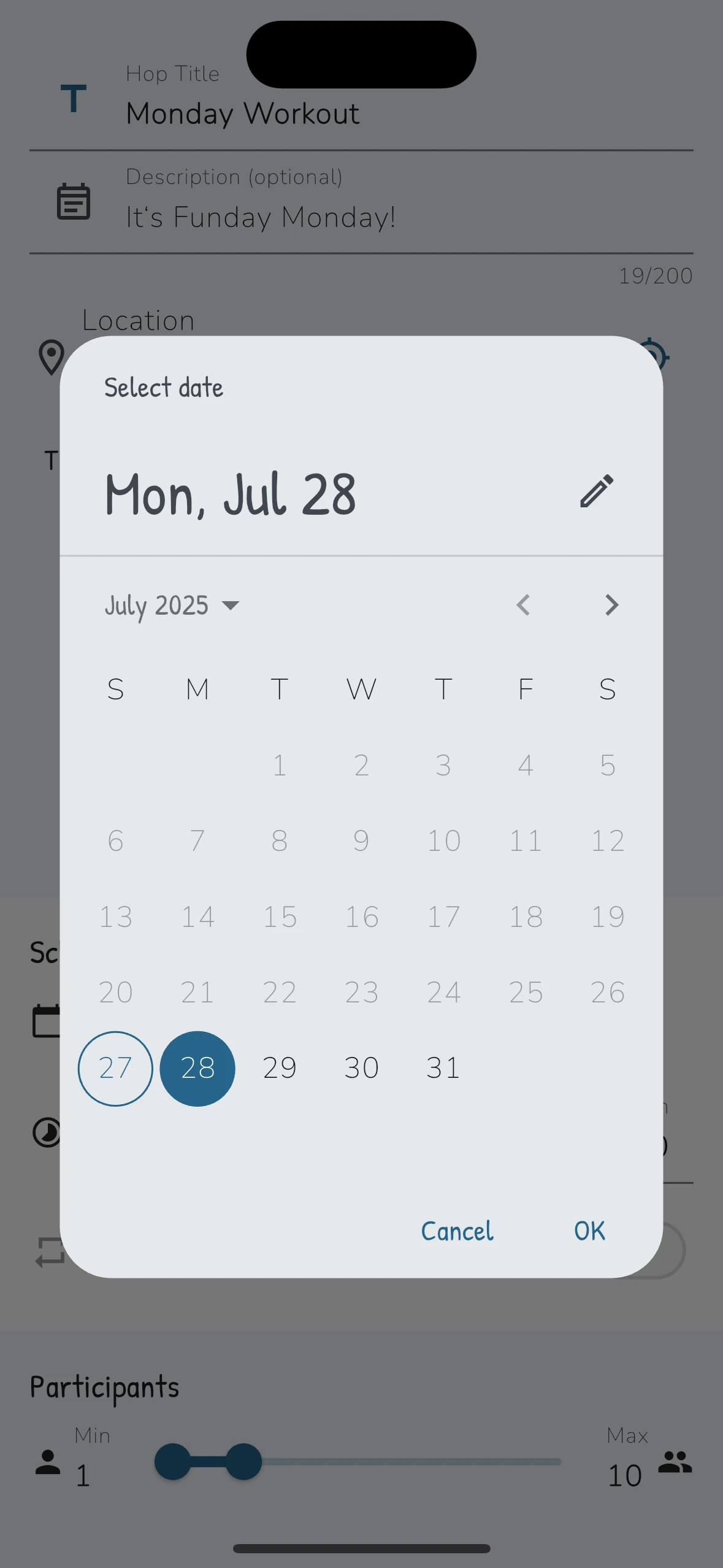 Hop Creation View - Select Date