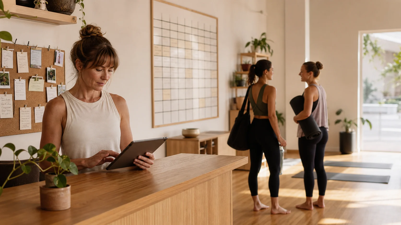 Boutique studio owner managing direct class bookings on a tablet while clients arrive for class
