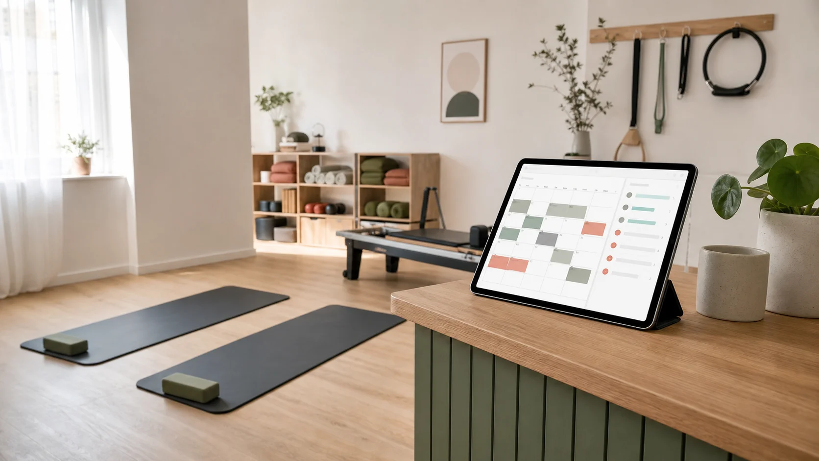 Kleines Pilates-Studio mit Matten, Reformer und Tablet für Kursbuchung und Warteliste