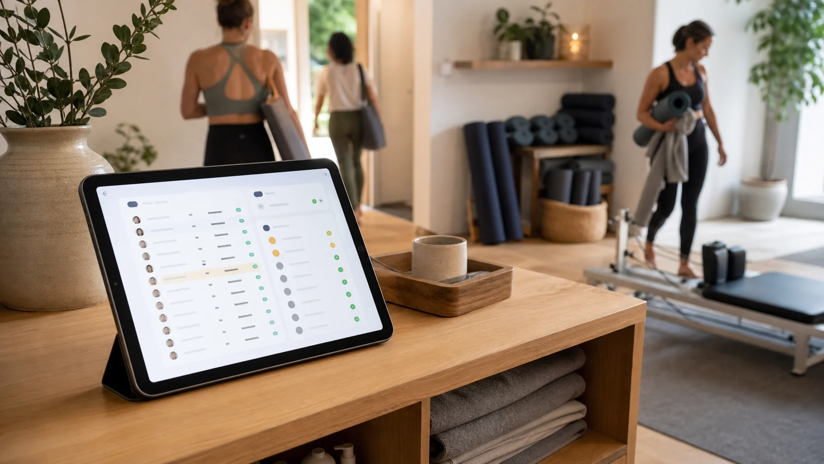 Tablet mit Kursliste und geordneter Warteliste in einem Yoga- und Pilates-Studio